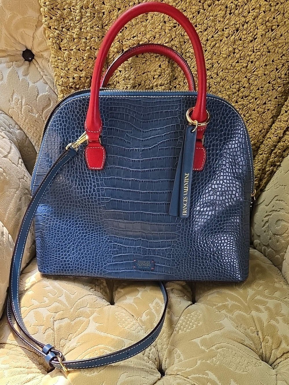 Frances Valentine Navy Embossed Croc Leather Dome Satchel